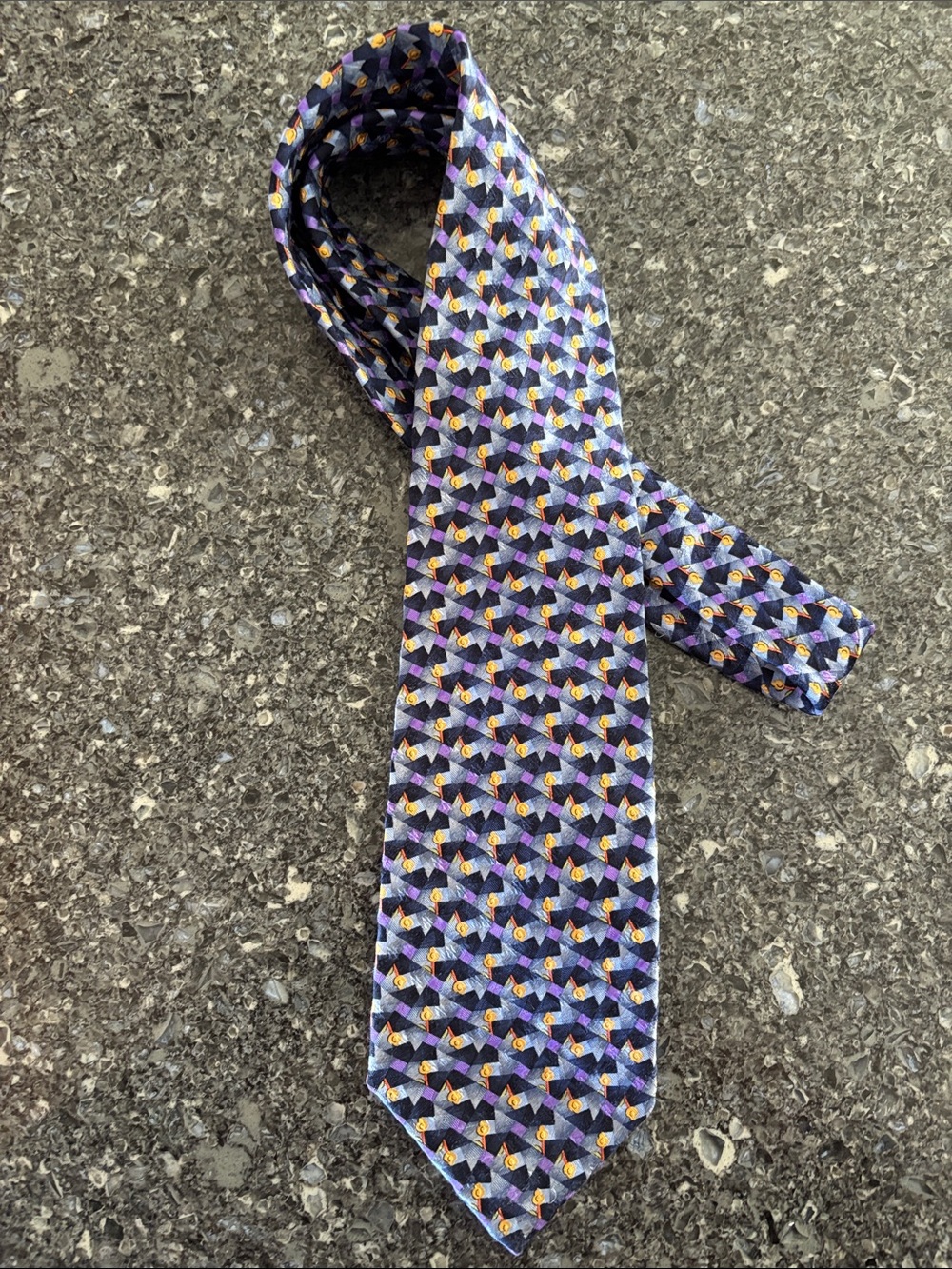 Robert Talbott Silk Navy, Blue, Purple and Gold Men's Tie. Made in the USA.